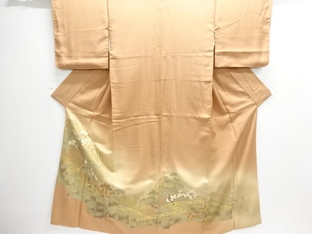 JAPANESE KIMONO / IRO-TOMESODE / KINSAI / EMBROIDERY / FENCE & MOUNTAINE SCENERY